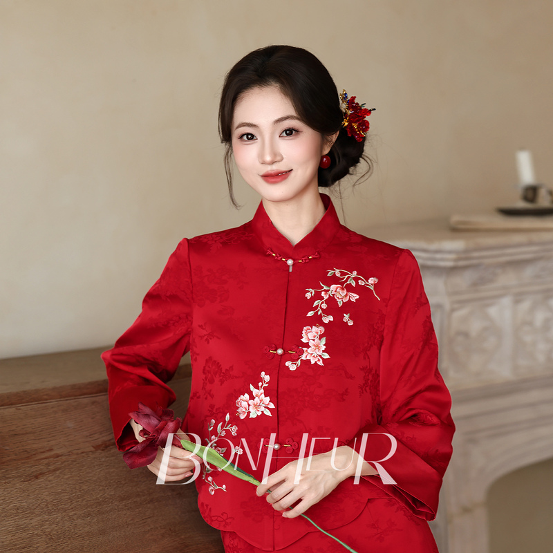 Bonheur Engagement Dress "Lanting Ii" Bride's Red Toast Dress, New Chinese Style, Stunning Long-Sleeved Homecoming Dress