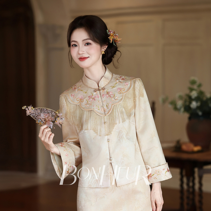 Bonheur Engagement Dress for Women, Bride's Cheongsam Shawl, Toast Dress, New Chinese Style Suit, Champagne Color Bonheur Engagement Dress for Women, Bride's Cheongsam Shawl, Toast Dress, New Chinese Style Suit, Champagne Color