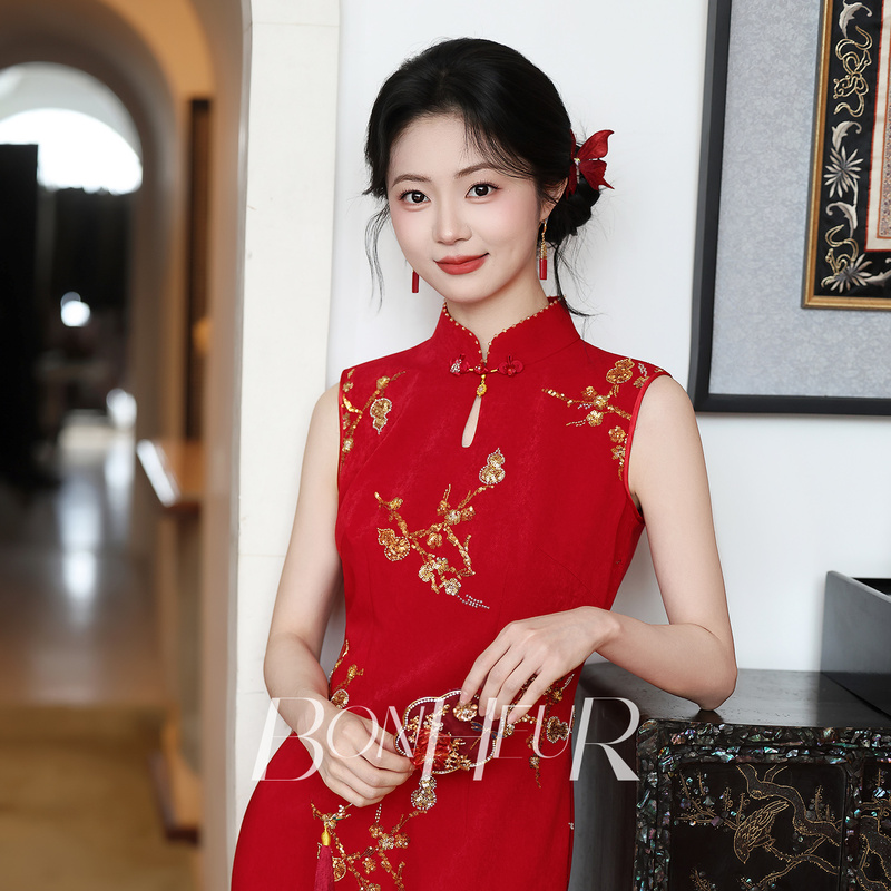 Bonheur Original Engagement Dress'Red Ruins' Petite Red Bride New Chinese Style Cheongsam Toasting Dress