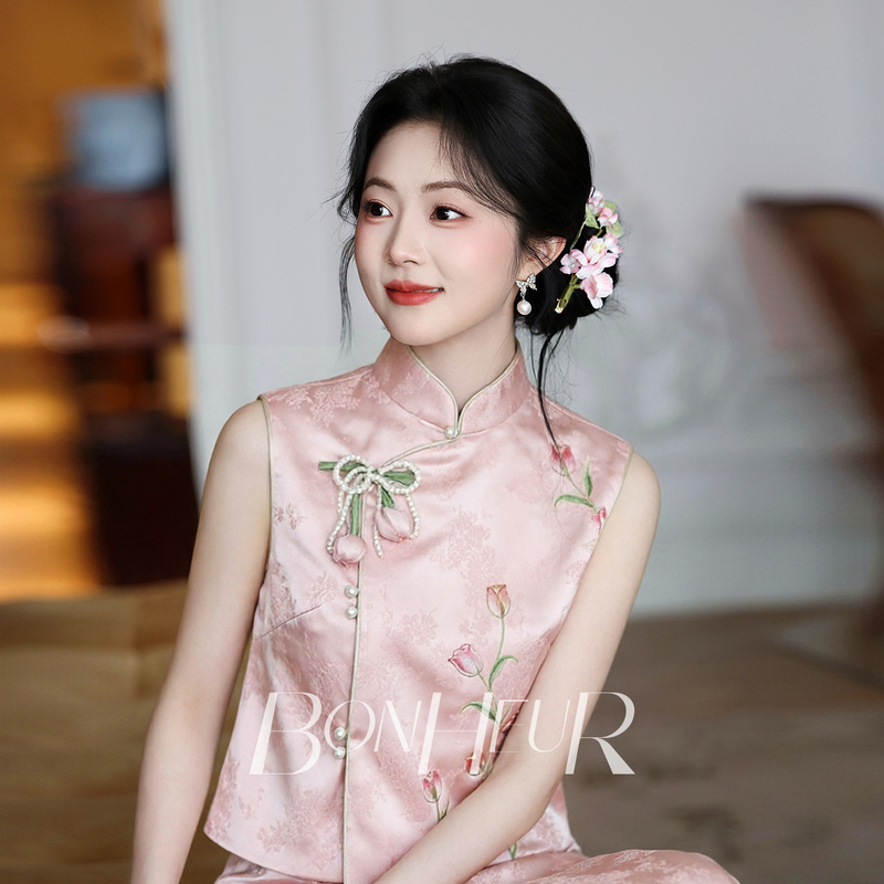 Bonheur Engagement Dress "Tulip" Pink New Chinese Style Sweet Petite Bride Cheongsam Toast Dress Bonheur Engagement Dress "Tulip" Pink New Chinese Style Sweet Petite Bride Cheongsam Toast Dress