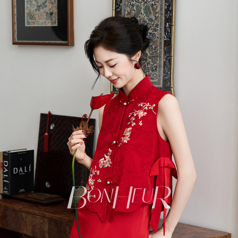 Bonheur Original Red New Chinese Style Bridal Engagement Dress, Toast Dress, Summer Wedding Cheongsam