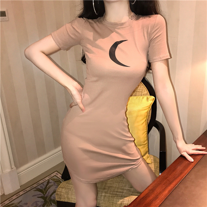VK旗艦店 韓系修身月亮印花短袖洋裝