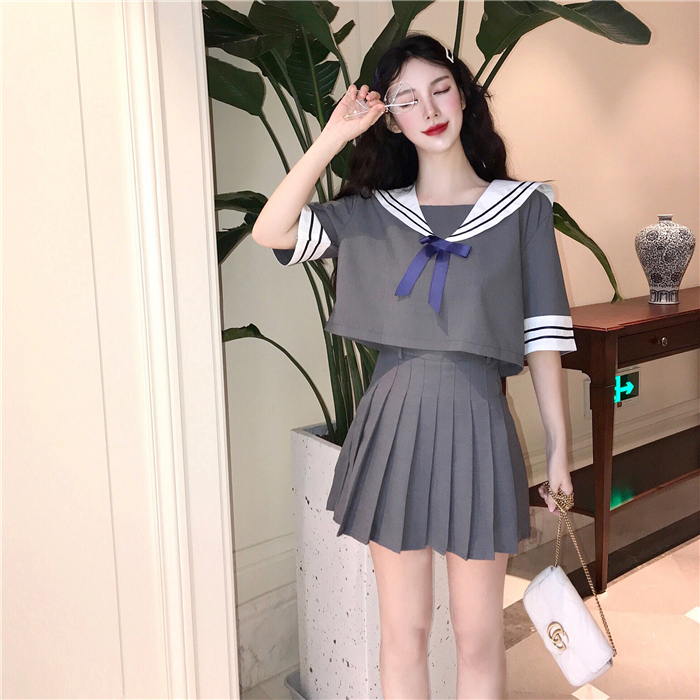 VK旗艦店 韓國海軍風領短袖百褶裙套裝短袖裙裝
