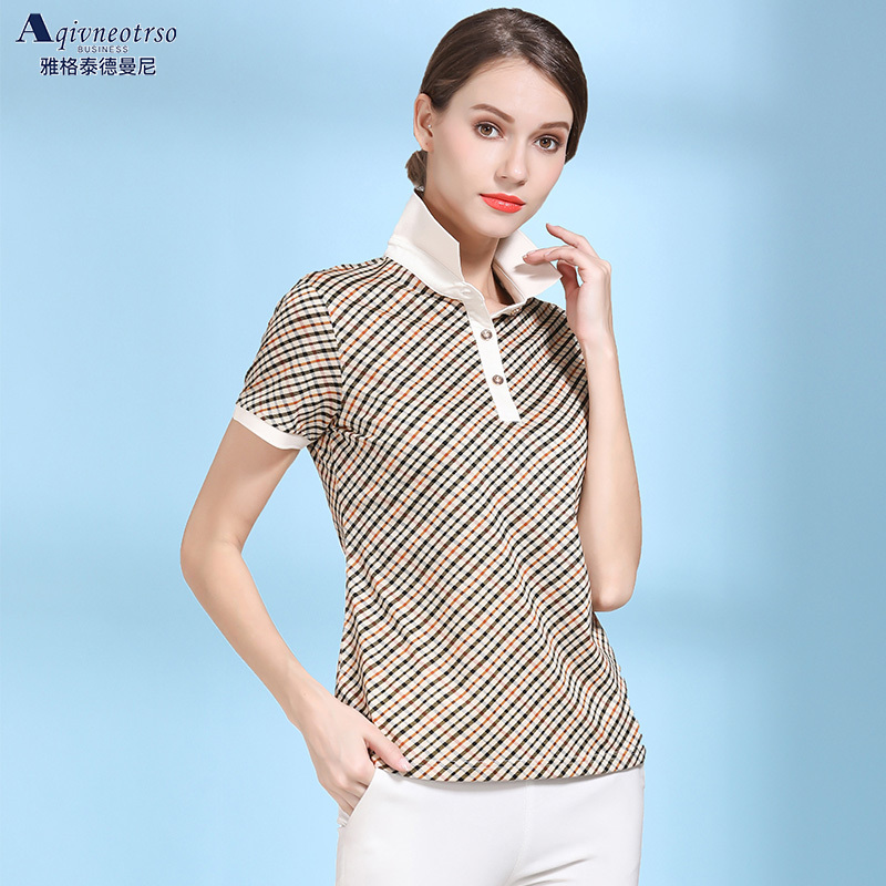 Mercerized Cotton T-Shirt Women's Short-Sleeved Slim Summer Plaid Cotton Lapel Polo Shirt Plus Size Middle-Aged Mother Fashion Top