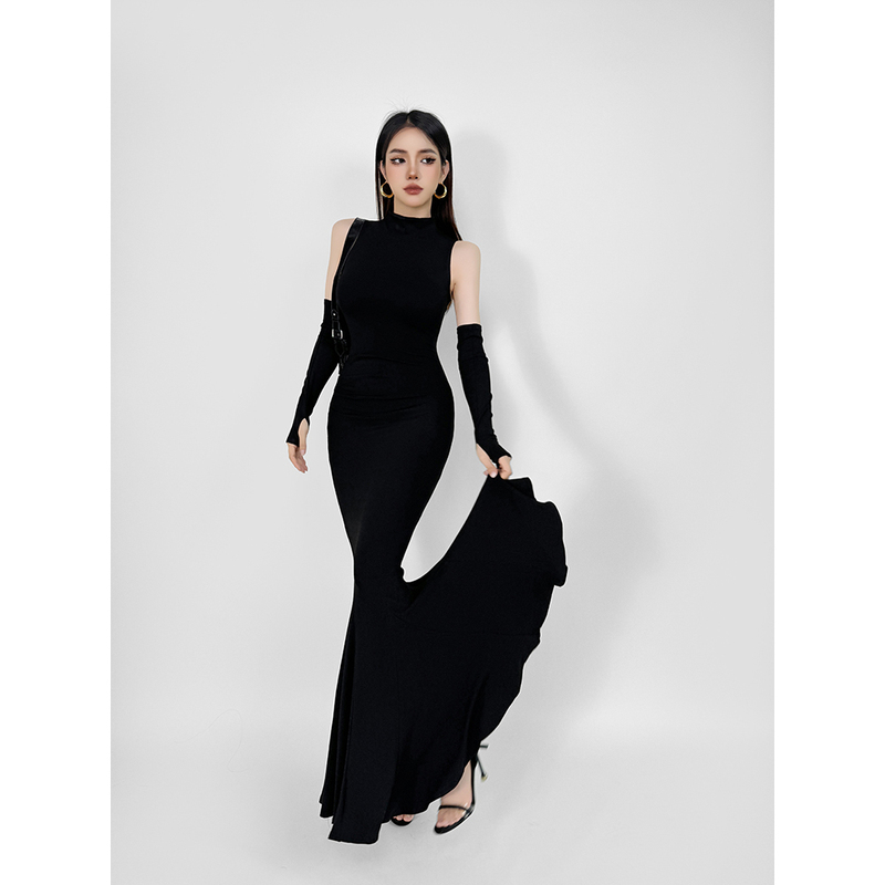 Grace Lotus Fish Tail Dress with Half-High Collar, Bodycon Fit, Slimming Waist, Elegant Sleeves, Large Skirt, Long Dress