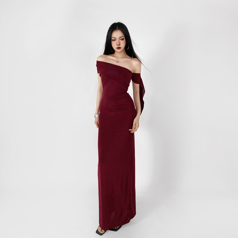 Grace European and American Style Asymmetrical Off-Shoulder Ribbon Dress, Mature Style Dress, Kylie Same Style Evening Long Dress