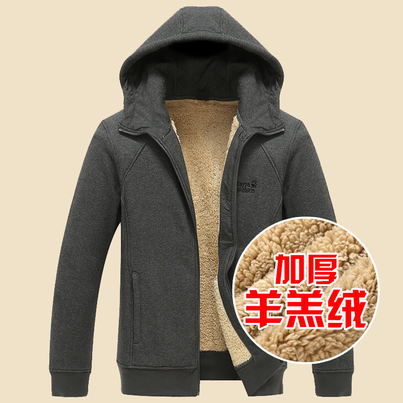 Sweater men's velvet thickened hooded cardigan Lamb plush jacket winter men's middle-aged middle-aged coat winter