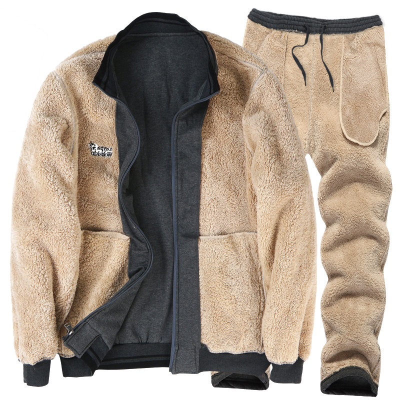Dad Sportswear Lamb Suede Suit Plus Suede Men's Clothing Thickened for winter cotton T Two leisure