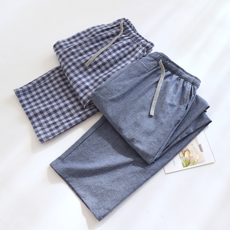 Men's Home Pants with Front Pockets, All-Cotton Long Pants, Summer Thin Style, with Pockets, Yarn-Dyed Plaid 239