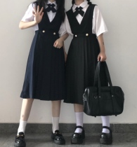 Pure black milk skirt jk uniform pleated skirt Student vest dress Strap skirt Short sleeve