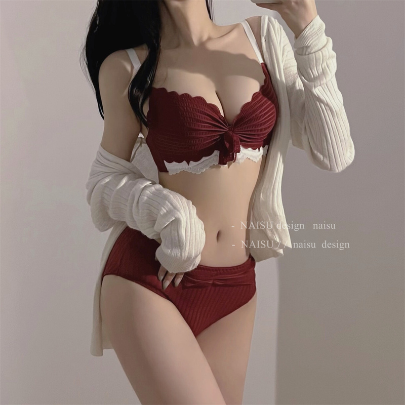 New Year's Red Wedding Lingerie for Women with Small Busts, Push-Up, Wireless, Lace, Side Support, Anti-Sagging Bra Set