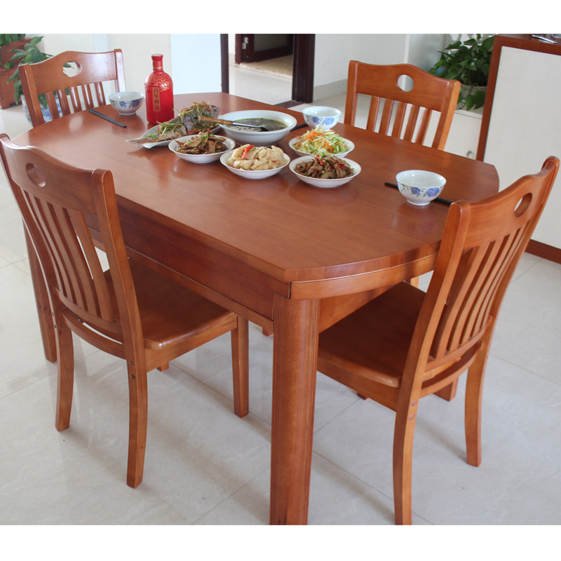 Full solid wood dining table rectangular telescopic home round table dining table small family 6 people 8 people dining table and chairs combination