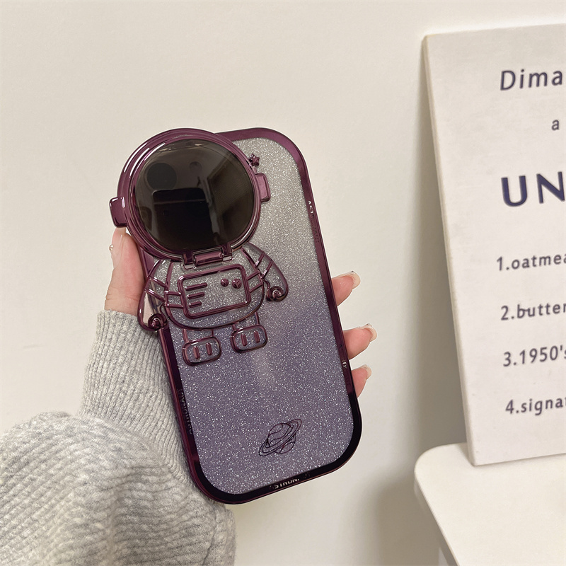 Lens Cover Astronaut Stand Suitable for Apple 15 Pro Max Phone Case, Glitter New Model iPhone 14 Pro Full Protection Anti-Drop 13 Electroplated Silicone 11 Premium Feel Plus Transparent 12 Creative Case