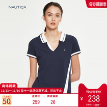 Nautica Women's Spring Summer Contrast V-Neck Short Sleeve Polo Shirt 91K131