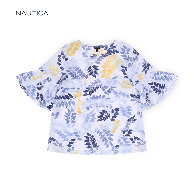nautica/诺帝卡2018春季新品女士时尚短袖印花喇叭袖T恤NA81W327