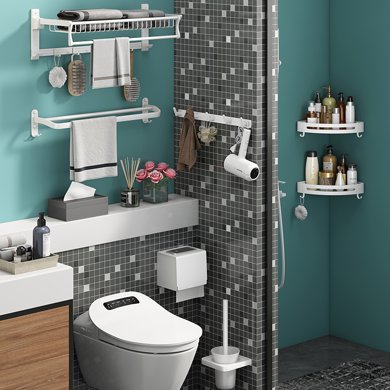 White Towel Rack Free Punch Makeup Room Bath Towel Rack Suit Wall-mounted Bathroom Shelving Rack Toilet Shelf