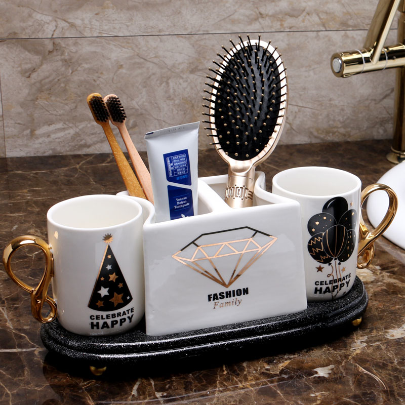 Luxury ceramic bathroom wash five-piece set mouthwash brush cup toothbrush holder dental stand storage set