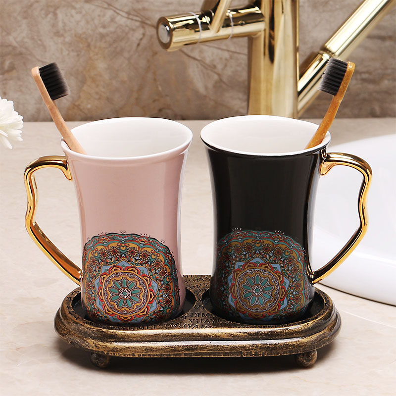 Simple applique ceramic mouthwash Cup brushing Cup home couple student toothbrush storage Cup a pair of wash set