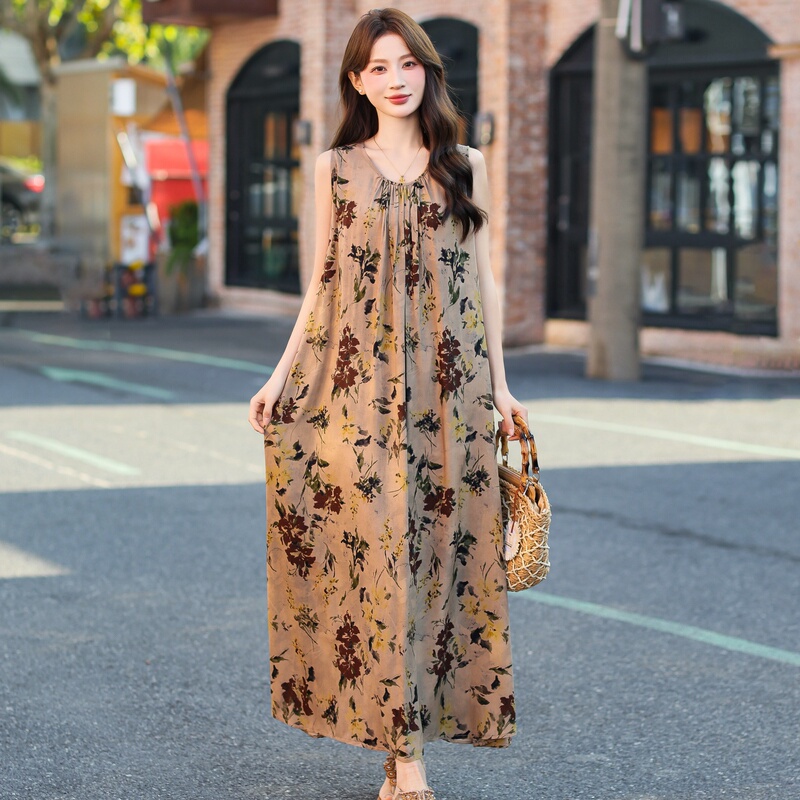 Plus Size Mother's Clothing New Summer Cotton Silk Dress Vest Dress Mid-Length Over-The-Knee Suspender Long Dress