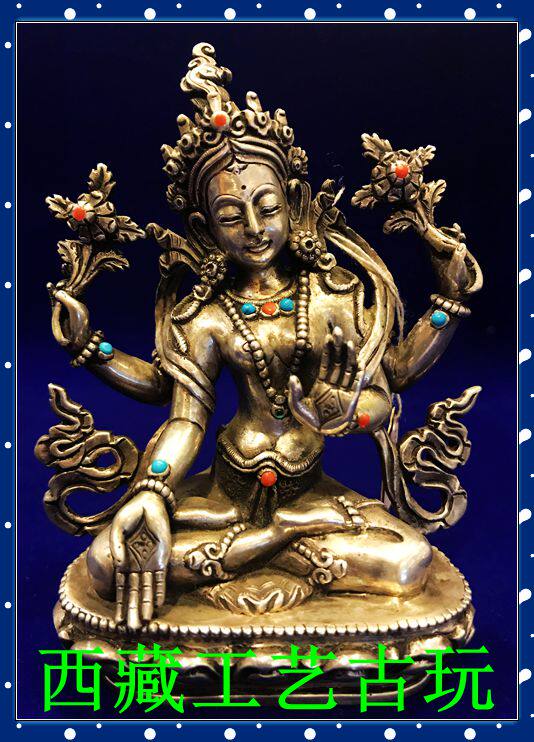 Tibetan-Tibetan Nepali craftsmanship < pure silver four arms green degree mother > boutique Buddha statue