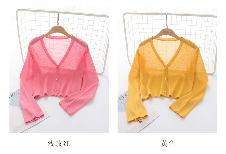 Mùa hè mỏng mảnh áo len lụa ngắn bên ngoài áo khoác cardigan áo choàng nữ với khăn treo váy chống nắng áo điều hòa áo sơ mi - Cardigan