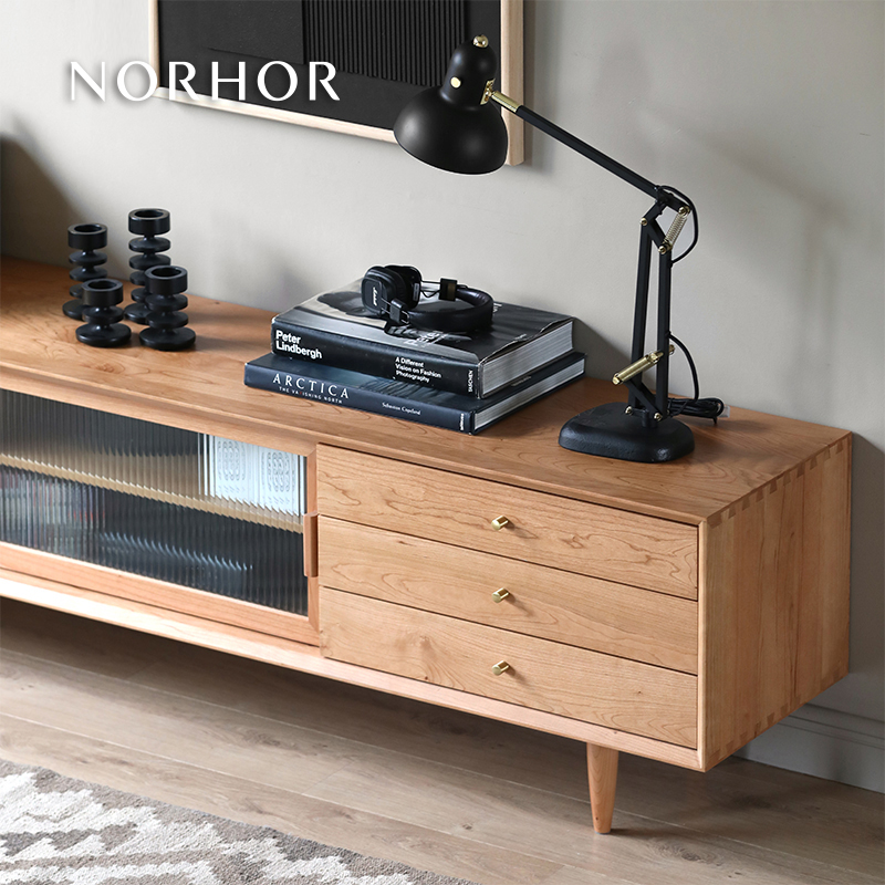 Nordic expression Guan Terry glass sliding solid wood TV cabinet Japanese retro cherry wood oak drawer K