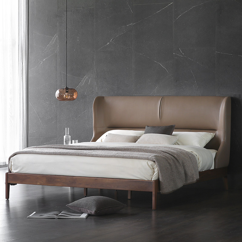 Nordic expression Italian minimalist North American black walnuts wood FORLI high back soft bag genuine leather double man bed moose K #