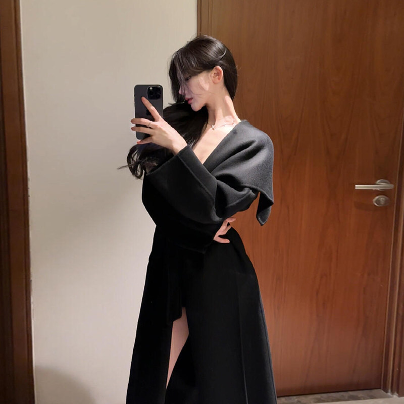 Black Large Lapel Double-Sided Cashmere Coat for Women 2025 Autumn and Winter New Style High-End Mid-Length Woolen Coat