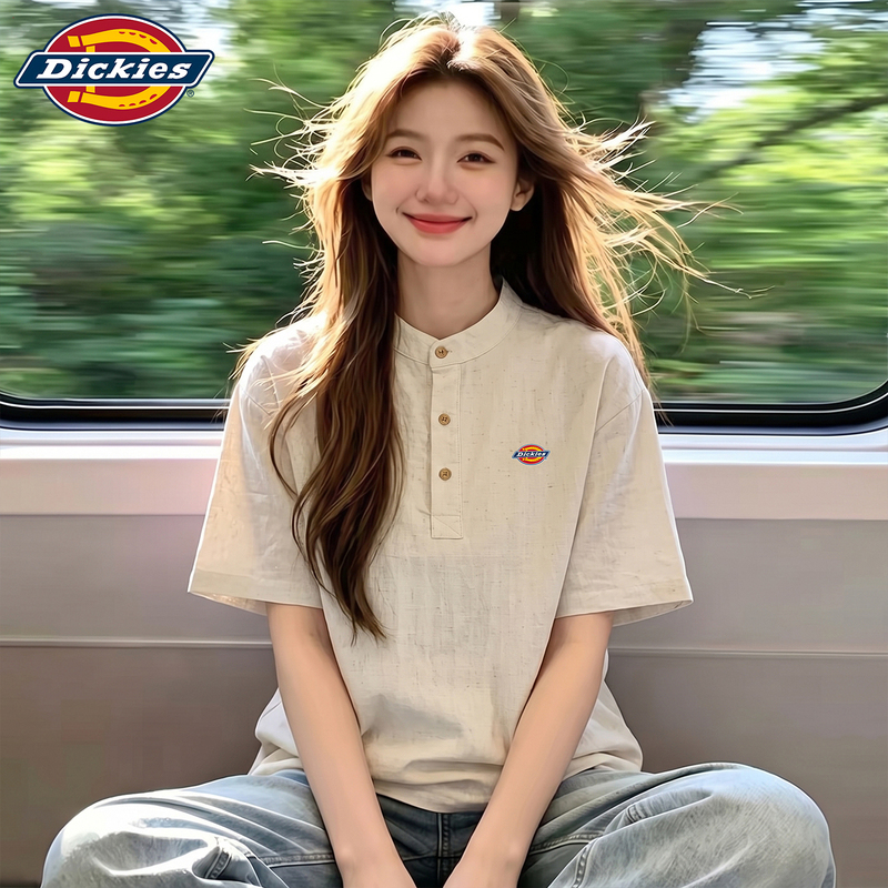 Dickies American Retro Old Money Style Brand Logo Casual Loose Lyocell Linen Short-Sleeve T-Shirt Shirt for Women