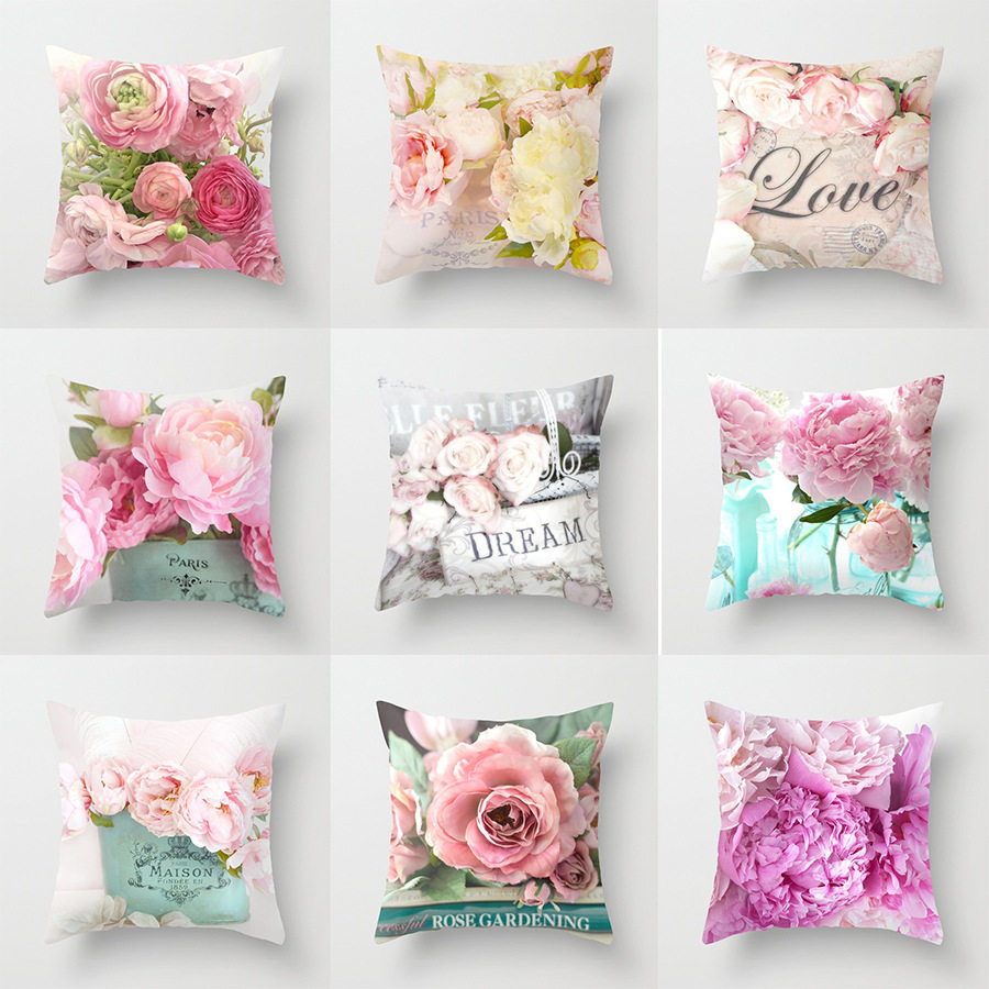 2018 New American Countryside Rose Flowers Mediterranean Nordic Car Sofa Sofa Bed Head Cushions Peach Leather Suede Pillow Cover