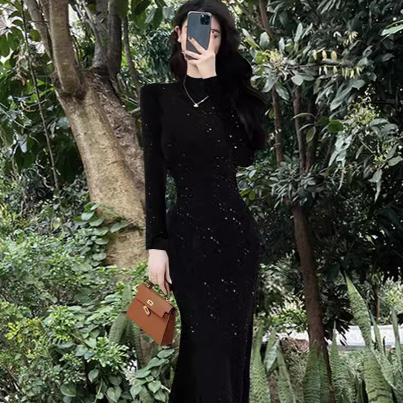 High-End Black Shiny Diamond Dress for Women 2026 Autumn Elastic Bottoming Skirt Hip-Hugging Fishtail Half-High Collar Long Skirt High-End Black Shiny Diamond Dress for Women 2026 Autumn Elastic Bottoming Skirt Hip-Hugging Fishtail Half-High Collar Long Skirt