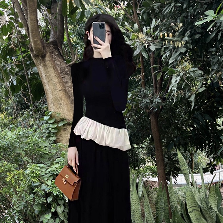 High-End Velvet Black Long-Sleeved Dress for Women, Spring Style, Niche Design, Waist-Cinching, Slimming, Elegant Two-Piece Long Skirt