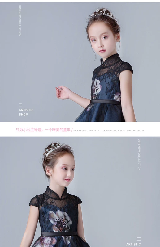 Lilan Duo Trung Quốc phong cách hoa màu xanh cô gái váy váy cô gái trang phục buổi tối trang phục trẻ em đám cưới mô hình hiệu suất quần áo váy trẻ em 11 tuổi