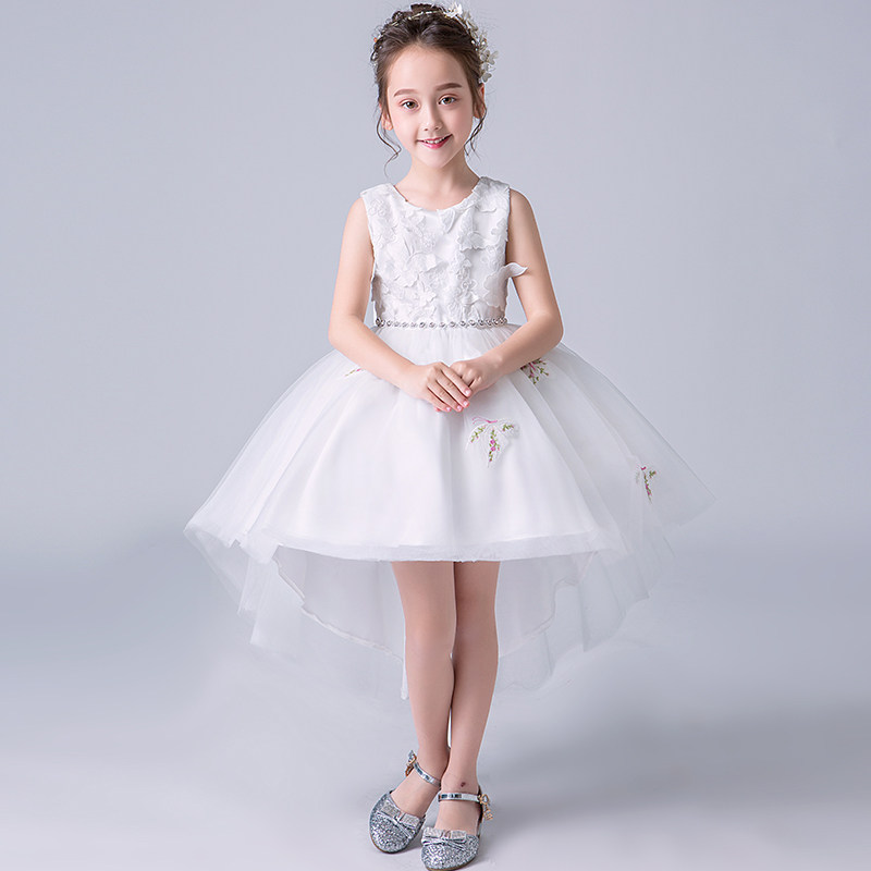 White fluffy girl princess dress long-sleeved flower girl evening dress children's piano costumes noble birthday spring and summer