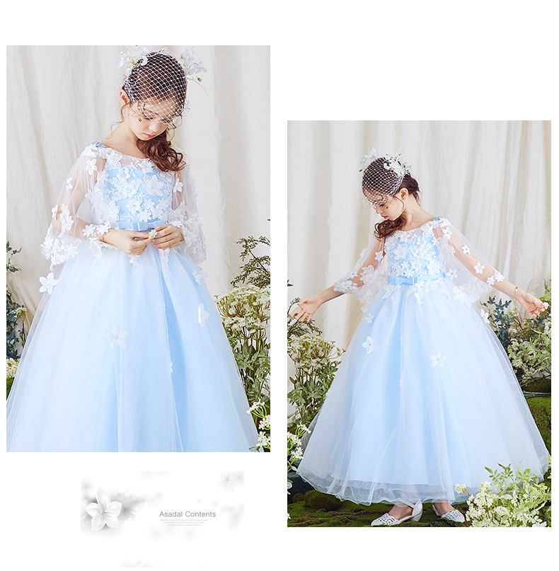 Lilan Duo thêu ánh sáng màu xanh cô gái công chúa váy hoa cô gái fluffy gạc váy trẻ em của váy dài chương trình đám cưới quần áo mùa hè set bộ vest bé trai kèm cavat