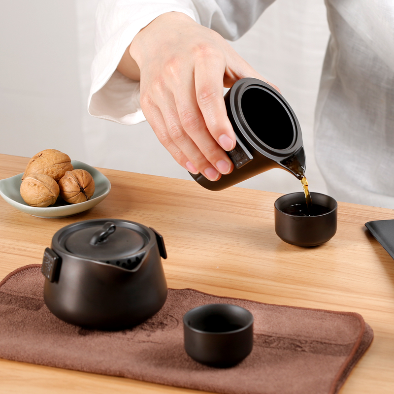 Japanese checking portable package travel tea set suit black purple sand cup crack cup a pot of two cups of kung fu tea pot