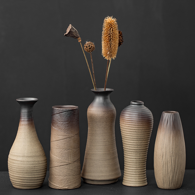 Japanese-style rough pottery Zen vase hand-made old retro ceramic flower tea table hydroponic small flower crafts decoration