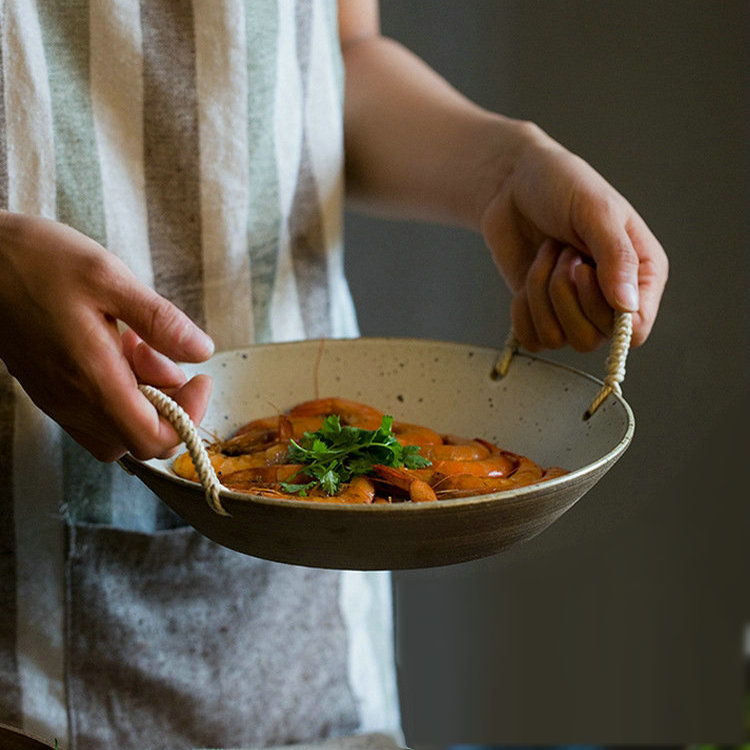 Day Style Coarse Pottery Hemp Rope Plate Retro Home Plate Hand-painted Ceramic Cutlery Dish Beef Steak Tray Breakfast Dinner Plate