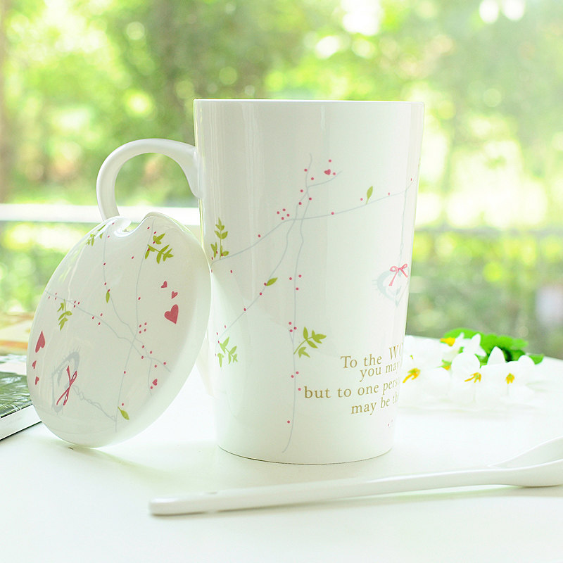 Ceramic Cup creative personality trend with lid spoon female office bone porcelain Lotus mug breakfast cup large capacity