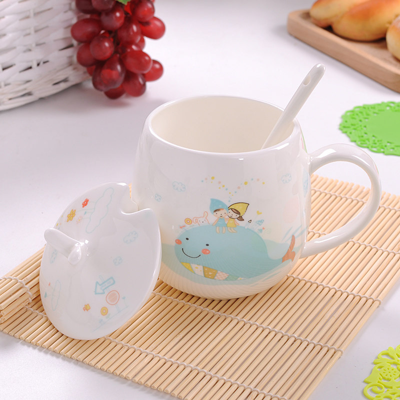 Cartoon ultra cute tap cup ceramic cup with cover spoon children bone porcelain cup coffee mark cup girl