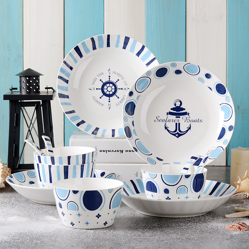 Net Red Creativity Mediterranean Bone Porcelain Dish suit 2-4 people lovers Home cutlery Nordic bowls disc Joe moving gifts