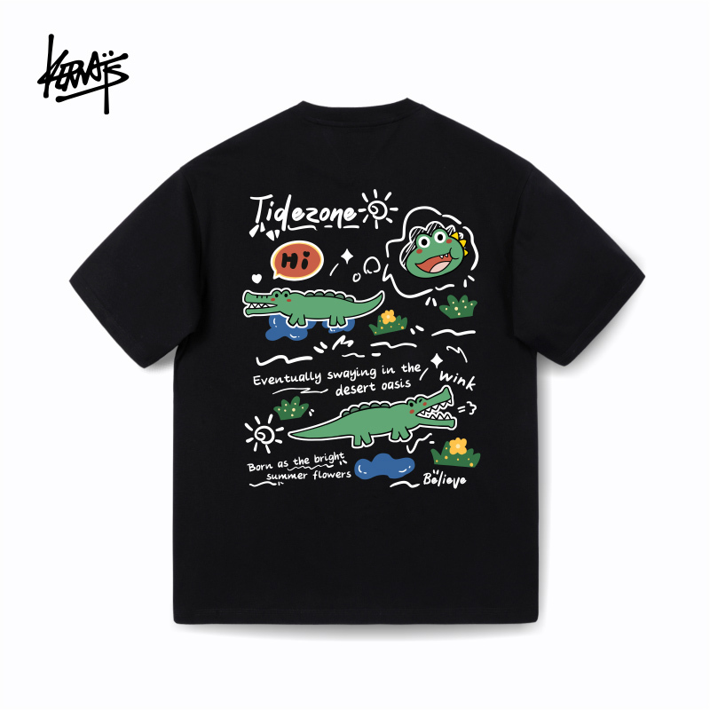Kerwats Men and Women Couple Round Neck Letter Graffiti Crocodile Cartoon Pattern Printed Heavy Shoulder-Length Short-Sleeved Cotton T-Shirt