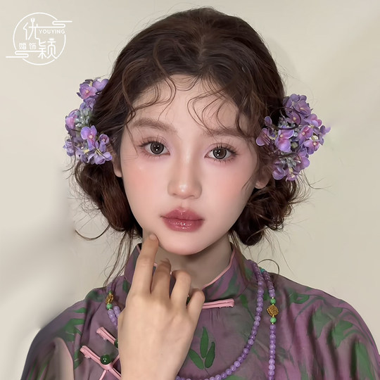 新中式紫色仿真花发夹森系甜美古风汉服百搭新娘边夹头饰晨袍配饰