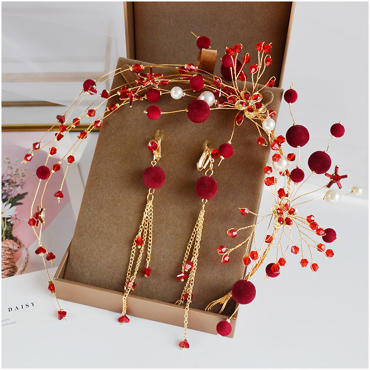 Bride Wedding Headwear Fairy beauty retro red velveball hairpin Dinner head flower delicate toast gown hair accessories Accessories Accessories