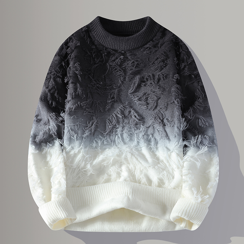 Gradient Color Sweater for Men, New Thickened Warm Round-Neck Knitwear for Autumn and Winter, Men's Tassel Design, Casual Style Top
