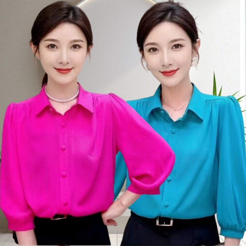 Summer Blouse for Women 2026 New Style Mom's Solid Color Chiffon Shirt Thin Large Size Tummy-Covering Loose Versatile Women's Top