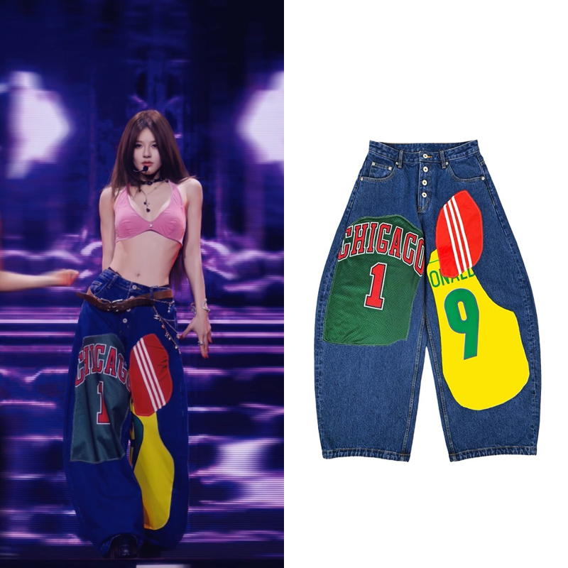 Zhao Lusi Concert Style American Retro Color-Block Patchwork Printed Jeans for Women, High-Waisted Loose Wide-Leg Pants