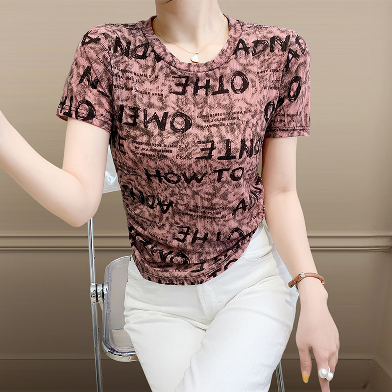 气质减龄扎染印花T恤女夏装新款时尚弹力网纱上衣修身半袖体恤衫