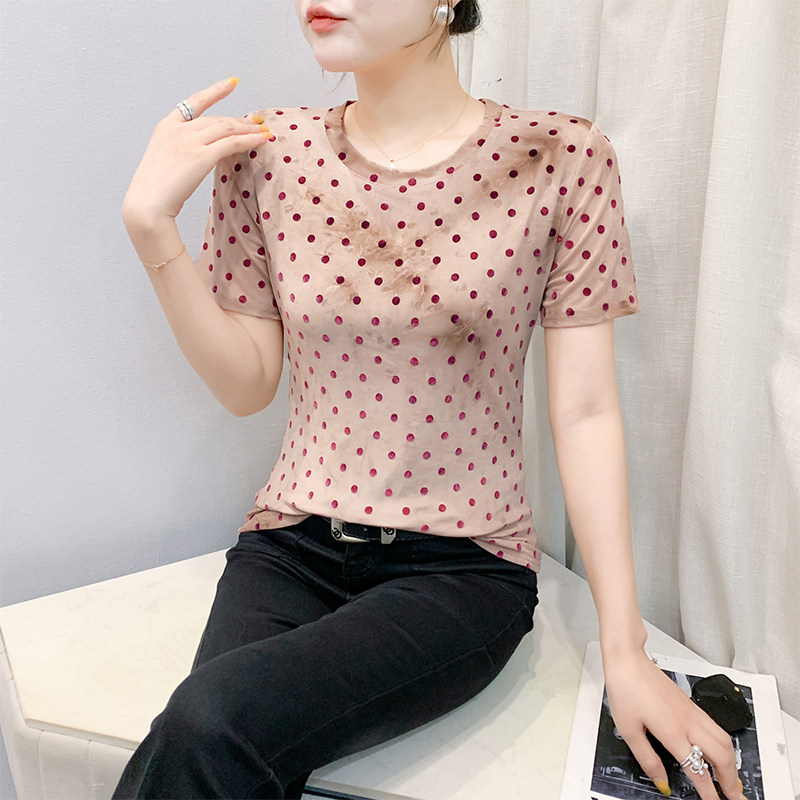时尚减龄圆领网纱上衣女夏装洋气波点植绒短袖T恤修身显瘦小衫潮