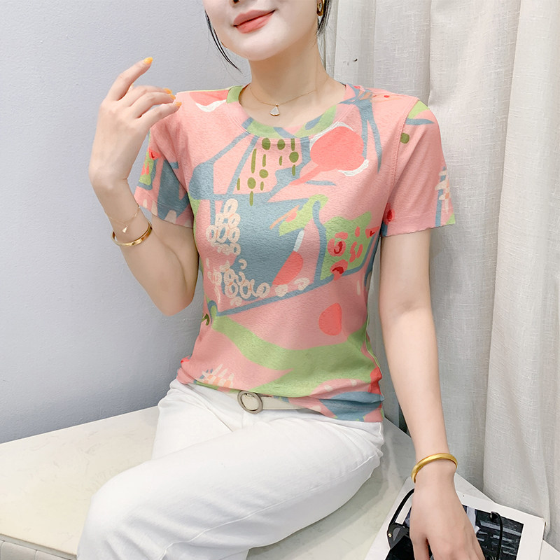 时尚减龄扎染印花上衣女夏季新款气质圆领百搭短袖T恤修身体恤潮